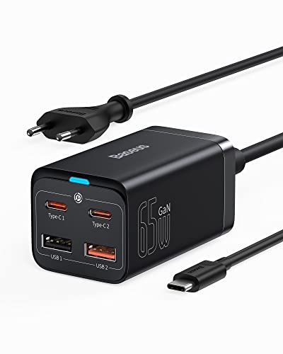 Baseus USB C Ladegerät 65W, USB C Netzteil GaN III 4 Port Desktop USB Ladestation mit 65W USB C Ausgang, PD Ladegerät für MacBook Pro/Air Dell XPS 13, 1, Black von Baseus