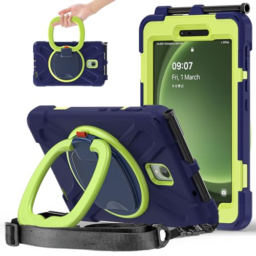 Schutzhülle für Samsung Galaxy Tab Active 5 20,3 cm (8 Zoll) (2024) SM-X300 SM-X306B, sturzsicher, stoßfest, strapazierfähig, mit 360° drehbarem Standfuß/Schultergurt, Marineblau + Gelbgrün von BastralBloom
