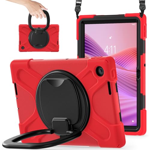 Schutzhülle für Lenovo Tab 25,7 cm (10,1 Zoll) 2025 TB-311FU/TB-311XU, sturzsicher, stoßfest, harter PC, um 360 Grad drehbarer Ständer und Schultergurt, Silikon-Schutzhülle für Familie/Kind (rot) von BastralBloom