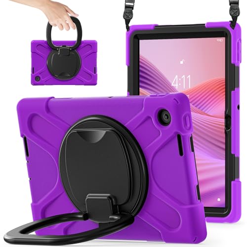 Schutzhülle für Lenovo Tab 25,7 cm (10,1 Zoll) 2025 TB-311FU/TB-311XU, sturzsicher, stoßfest, harter PC, um 360 Grad drehbarer Ständer und Schultergurt, Silikon-Schutzhülle für Familie/Kinder, Violett von BastralBloom