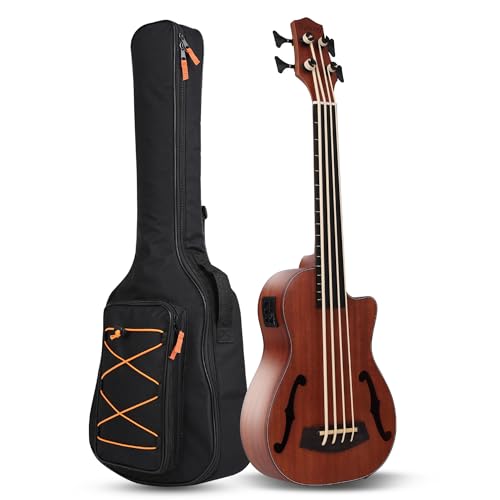 Batking Elektrischer Bass, 76,2 cm Cutaway Bretless Bass Holz Elektrische Akustik Bass Ukulele Ukulele Eingebauter EQ-Stimmgerät mit F-Schalllöchern von Batking