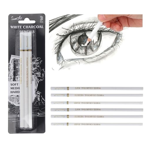 Bavooty Weißer Kohle Zeichenstifte,Professionell Zeichnen Kohlestift,Bleistift,Glattem Farbkern Aquarellstifte,Skizzieren Highlight Malstifte,Weißer Kreidestifte,Gelstifte Weiß zum Zeichnen,6PCS von Bavooty