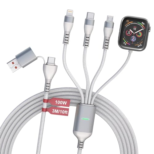 100W Multi Ladekabel mit Apple Watch Ladegerät – 3M 4 in 1 Ladekabel Kompatibel mit Apple Watch, iPhone, Android, iPad und Tablette, mit Lightning, USB C und Micro-USB Anschlüssen 100W Multi Ladekabel mit Apple Watch Ladegerät – 3M 4 in 1 Ladekabel Kompatibel mit Apple Watch, iPhone, Android, iPad und Tablette, mit Lightning, USB C und Micro-USB Anschlüssen von Bawanfa Plus