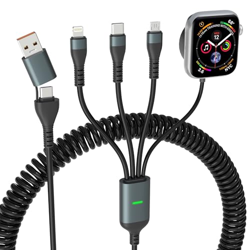 4 in 2 Spiralkabel Multi Ladekabel USB C für Apple Watch - 100W USB/C Multi Apple Watch Kabel mit Lightning/Typ-C/Micro USB Reise Ladekabel für iWatch Series/Ultra/SE/iPhone16/15/14/Galaxy von Bawanfa Plus