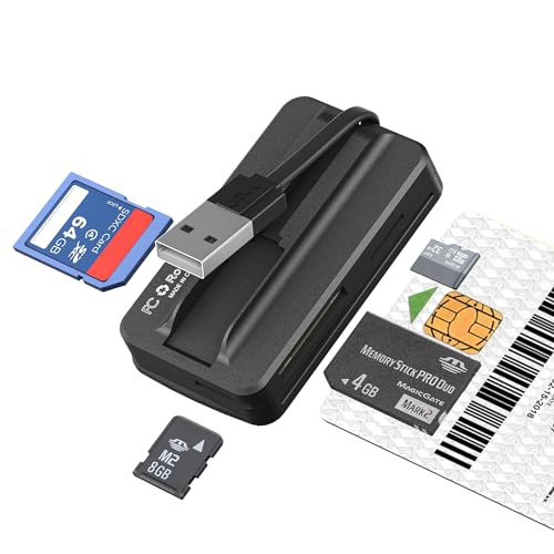 6-in-1 USB Chipkartenlesegerät - SIM Kartenleser, ISO7816 Kontakt-SmartCard Reader Gesundheitskarte Lesegerät, Fahrerkarte Lesegerät, unterstützt SD, MMC, UHS-I, Micro SD, MS, SIM, M2, Smartcards von Bawanfa Pro
