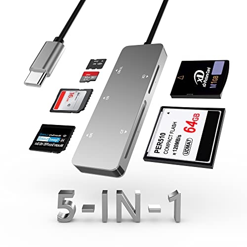 CF Kartenleser USB C 3.0, 5Gbps Hochgeschwindigkeits Multi-Kartenleser mit TF/SD/MS/M2/XD/CF 5-Kartensteckplätzen, SD Kartenleser USB C aus Aluminium für Windows XP/Vista/Mac OS/Linux, Plug-and-Play von Bawanfa Pro