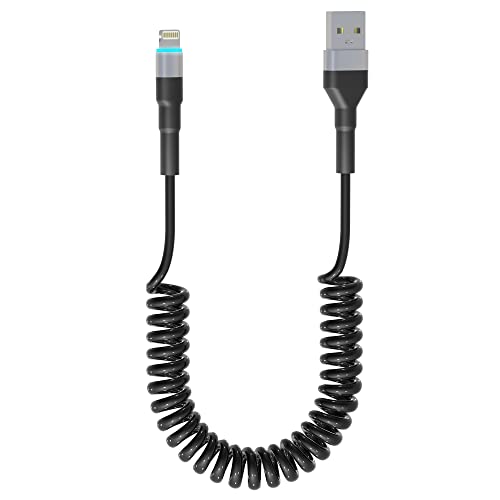 Spiralkabel USB A auf Lightning Kabel, [MFi Zertifiziert] Kurz iPhone Ladekabel Auto, Apple Carplay Kabel Schnellladekabel mit Datensynchronisation und LED für iPhone 14/13/12/Pro Max/Xs/XR/Plus/iPad von Bawanfa