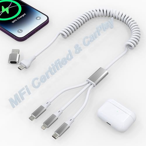 Spiralkabel USB C auf Multi Ladekabel für Apple Carplay (keine Unterstützung für iPhone 15/Android Auto), MFi-zertifiziertes 3-in-2-USB-A/C-auf-Multi USB Kabel Kurz mit Lightning/Typ-C/Micro-USB von Bawanfa