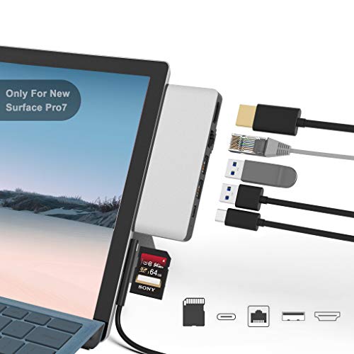 Surface Pro 7 Docking Station, Bawanfa Surface Pro 7 4K HDMI Adapter mit 100M Ethernet LAN, USB C Audio & Data Transfer Port, 2 USB 3.0, SD Kartenleser Converter Combo Adaptor für Surface Pro 7 von Bawanfa