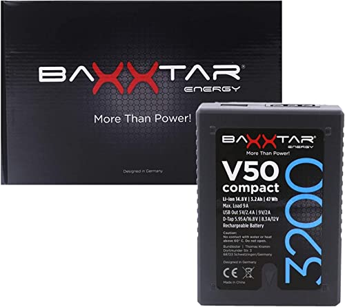Baxxtar 47Wh V-Mount Akku V50 compact III - LG Cells Inside (echte 3200mAh) - mit D-Tap und Powerbank Funktion (USB) Abmessung 7,5 x 3,5 x 10,5 cm (322g) von Baxxtar