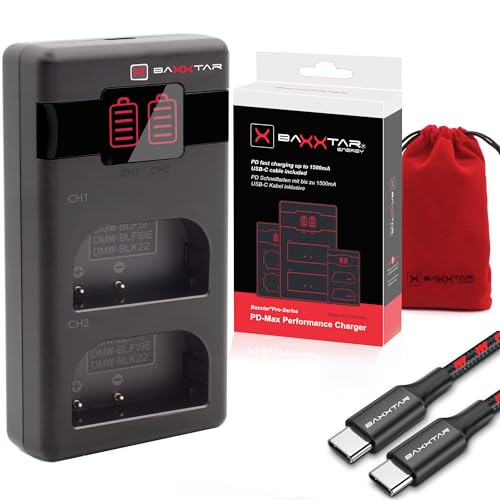 Baxxtar DMW-BLK22 DMW-BLF19 PD-MaxPerformance Akku Ladegerät (1500mA) USB-C Mini Dual LCD - PD/QC fähig (1619422) DC S5D GH6 GH7 G9 S9 etc von Baxxtar