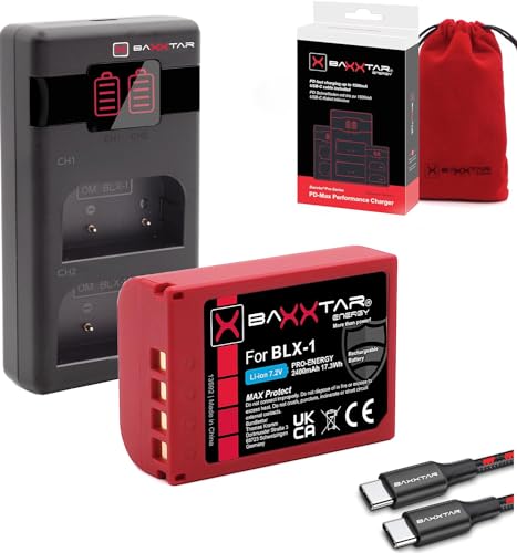 Baxxtar MaxProtect BLX-1 Kamera Akku (2400mAh NTC Sensor & Schutzgehäuse) mit Lader PD-Performance USB-C (1500mA) kompatibel mit Olympus OM-1 OM-3 OM1 OM3 BLX1 BL-X1 BL X1 BLX 1 von Baxxtar