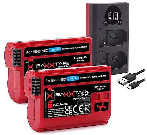 Baxxtar MaxProtect EN-EL15c 2400mAh Kamera Akku Pack - aktiver NTC Sensor & V1 Schutzgehäuse - mit 18522 Mini USB LCD Ladegerät - Für Z8 Z7 II Z7 Z6 II Z6 Z5 Zf usw. von Baxxtar