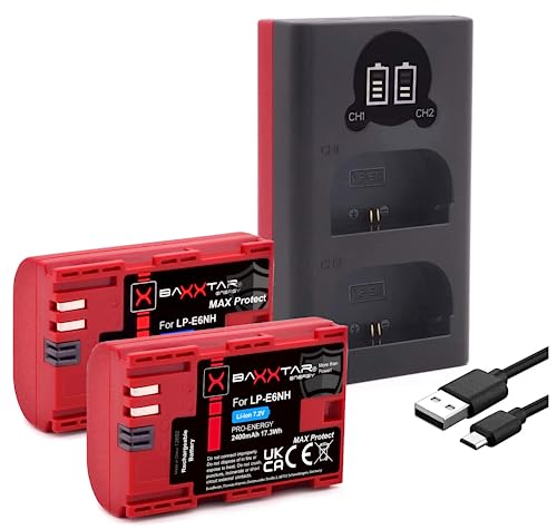 Baxxtar MaxProtect LP-E6NH 2400mAh Akku 2X mit aktivem NTC Sensor und V1 Schutzgehäuse, auch kompatibel mit Canon R5 R5c R6 R6II R7 (Ladegerät 18602 Mini USB LCD) von Baxxtar