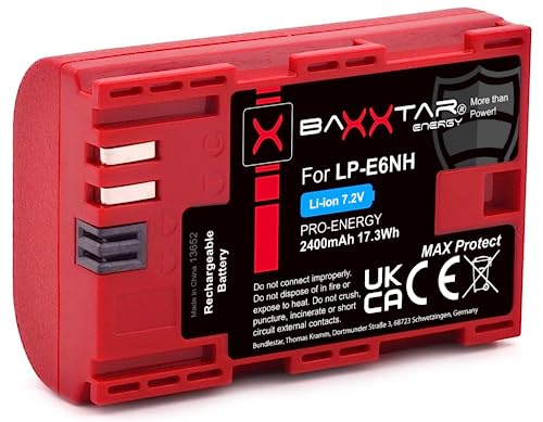 Baxxtar MaxProtect LP-E6NH Kamera Akku (2400mAh) mit aktivem NTC-Sensor und V1 Schutzgehäuse - kompatibel mit Canon R5 R5c R6 R6II R7 etc. von Baxxtar