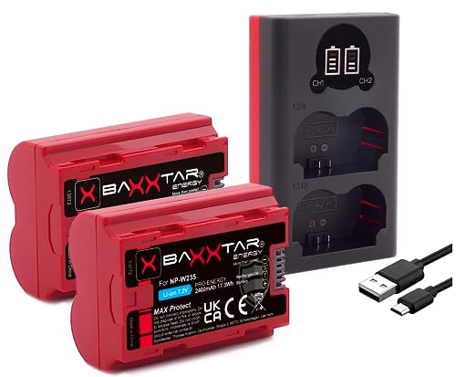Baxxtar NP-W235 2400mAh Akku Pack - MaxProtect mit aktivem NTC Sensor und V1 Schutzgehäuse - Ladegerät Mini 18882 USB Dual LCD - für GFX-50s II GFX-100S GFX-100 II X-H2 X-H2S X-S20 X-T4 X-T5 von Baxxtar