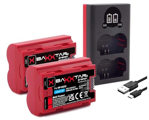 Baxxtar NP-W235 2400mAh Akku Pack - MaxProtect mit aktivem NTC Sensor und V1 Schutzgehäuse - Ladegerät Mini 18882 USB Dual LCD - für GFX-50s II GFX-100S GFX-100 II X-H2 X-H2S X-S20 X-T4 X-T5 von Baxxtar