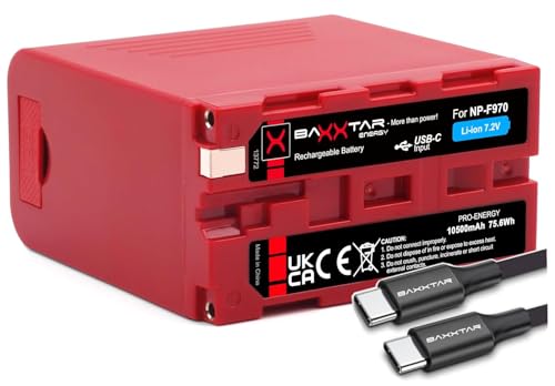 Baxxtar PRO NP-F970 Akku (10500 mAh, 10A) mit direkt PD USB-C 20W Eingang/Ausgang und USB-A 2A Ausgang Für NP-F990 NP-F980 NP-F960 NP-F950 NP-F750 von Baxxtar