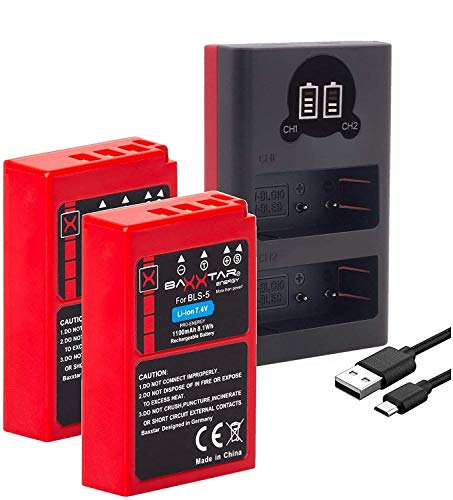 Baxxtar 2X BLS-5 Premium Akku 1100mAh mit Ladegerät USB (Dual LCD) kompatibel mit Olympus BLS-50 E-450 OM-D E-M10 Mark II III IV Pen E-PL1 E-PL2 E-PL3 E-PL5 E-PL6 E-P7 E-PL7 EPL8 EPL10 EPM1 EPM2 von Baxxtar