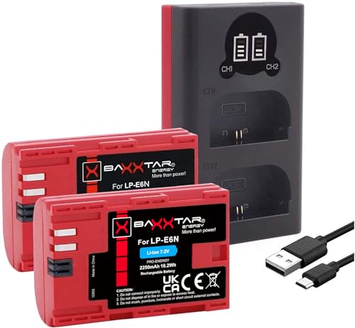 Baxxtar 2X LP-E6N Akku 2400mAh mit Ladegerät Dual (LCD USB-C Micro-USB) kompatibel mit Canon EOS 5D Mark II III IV 5DS R R5 6D 7D 60D 70D 80D 90D XC10 XC15 XC 10 15 WFT-E5 E7 LP-E6 LPE6N LP E6N von Baxxtar