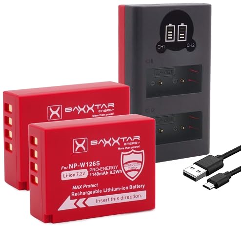 Baxxtar Pro Akku NP-W126s NP-W126 MaxProtect V1 (2X / 1140mAh) mit aktivem NTC Sensor und V1 Schutzgehäuse - Plus 18612 (Mini USB Dual LCD) von Baxxtar