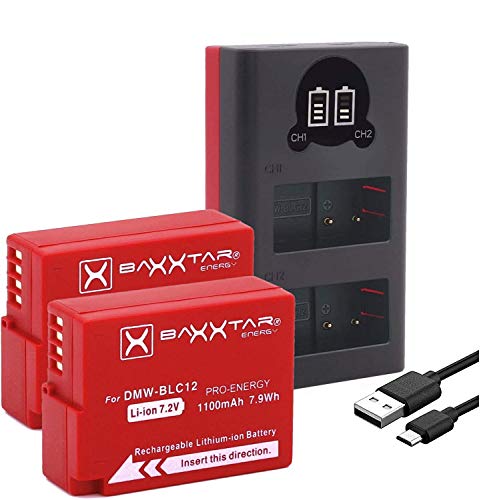 Baxxtar Pro DMW-BLC12 E DMW-BLC12E Kamera Akku Pack (BP-DC12 E - BP-51) mit Ladegerät Mini 18622 LCD DUAL (Eingang USB-C und MicroUSB) von Baxxtar