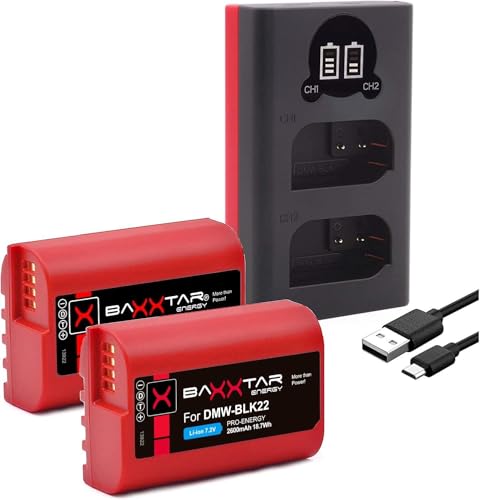 Baxxtar Pro DMW-BLK22 E 2400mAh Kamera Akku Pack - mit Ladegerät Mini LCD DUAL (USB-C/MicroUSB) zu Lumix DC-S5 DC-S5II DC-S5II-X DC-G9 DC-GH5 DC-GH5 II DC-GH5S von Baxxtar