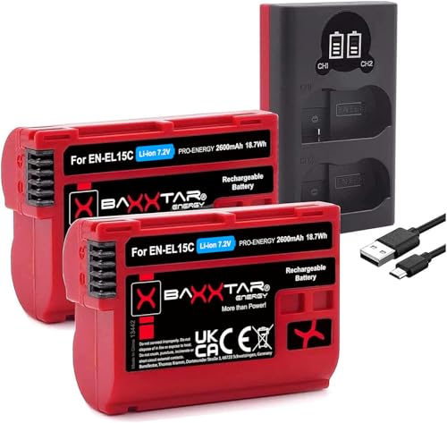 Baxxtar Pro EN-EL15c 2600mAh Kamera Akku Pack - kompatibel mit Nikon Z5 II Z6 II III Z7 II Z8 Zf etc. und Ladegerät 18522 USB Dual (Eingang Micro-USB und USB-C) von Baxxtar
