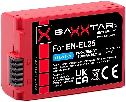 Baxxtar Pro EN-EL25 Kamera Akku (1350mAh) mit aktivem NTC Sensor - Kompatibel mit Nikon Z30 Z50 Z50II Z-fc von Baxxtar