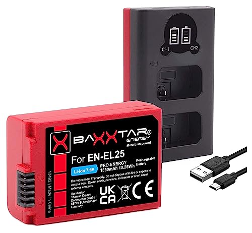 Baxxtar Pro EN-EL25 Kamera Akku 1350mAh - mit aktivem NTC Sensor - Ladegerät Mini LCD DUAL (Eingang USB-C/MicroUSB) kompatibel mit Nikon Z30 Z50 Z-fc von Baxxtar