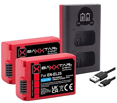 Baxxtar Pro EN-EL25 Kamera Akku Pack 1350mAh - mit aktivem NTC Sensor - Ladegerät Mini LCD DUAL (Eingang USB-C/MicroUSB) kompatibel mit Nikon Z30 Z50 Z-fc von Baxxtar