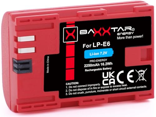 Baxxtar Pro LP-E6 Akku 2250mAh (Info Chip, Intelligentes Batteriesystem) Kompatibel mit Canon EOS 60D 70D 80D 7D Mark I II 5DS 5D R 5D Mark II III IV von Baxxtar