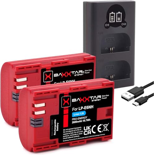 Baxxtar Pro LP-E6NH (2X 2600mAh) Kamera Akku Pack - kompatibel mit Canon R5 R5c R6 R6II R7 usw. Laden mit USB Mini-LCD-DUAL 18602 (Eingang USB-C und MicroUSB) von Baxxtar
