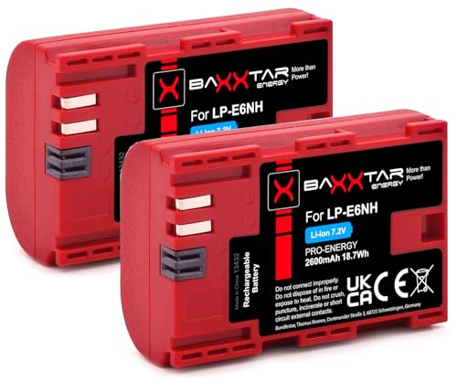 Baxxtar Pro LP-E6NH Kamera Akku Pack (2X 2600mAh) Kompatibel mit Canon R5 R5c R6 R6II R7 etc von Baxxtar