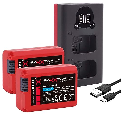 Baxxtar Pro NP-FW50 Akku (2X echte 1080mAh) mit Mini USB LCD DUAL Ladegerät (USB-C und MicroUSB) für Sony ZV-E10 A6000 A6100 A6300 A6400 A6500 A7 A7II A7R A7RII A7S A7SII A5100 A5000 RX10 NEX usw. von Baxxtar