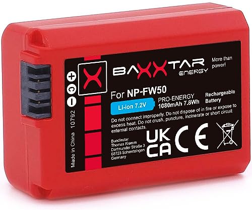 Baxxtar Pro NP-FW50 Akku (echte 1080mAh) mit Infochip - ZV-E10 Alpha 5000 5100 6000 6100 6300 6400 6500 NEX 3 5 6 7 Alpha 7 7II 7R 7RII 7S II III A33 A35 A37 A55 A3000 CyberShot DSC RX10 .. von Baxxtar