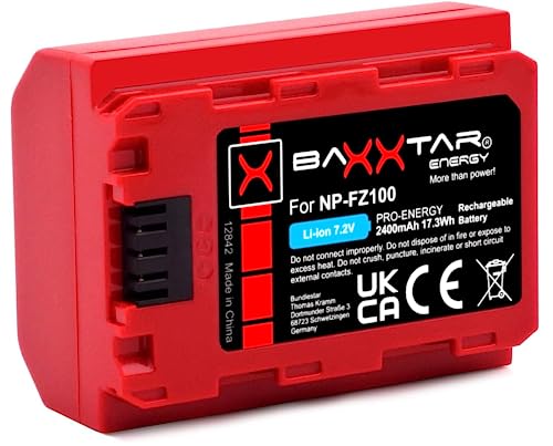 Baxxtar Pro NP-FZ100 2400mAh Akku (Generation IV) kompatibel mit Sony FX30 Alpha 6700 A1 7 IV 7C II 7CR 7R IV V ZV-E1 etc von Baxxtar