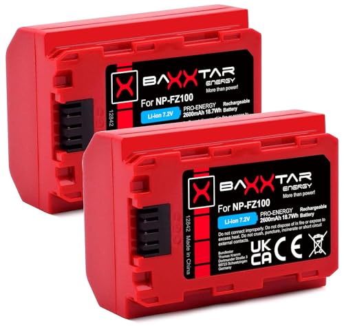 Baxxtar Pro NP-FZ100 2600mAh Akku Pack (Generation IV) kompatibel mit Sony FX30 Alpha 6700 A1 7 IV 7C II 7CR 7R IV V ZV-E1 usw. von Baxxtar