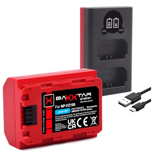 Baxxtar Pro NP-FZ100 2400mAh Kamera Akku (Generation IV) Laden mit Mini LCD DUAL Gerät - Eingang USB-C/MicroUSB - kompatibel mit Sony FX30 Alpha 6700 7 IV 7c II 7CR 7R IV 7R V ZV-E1 etc. von Baxxtar