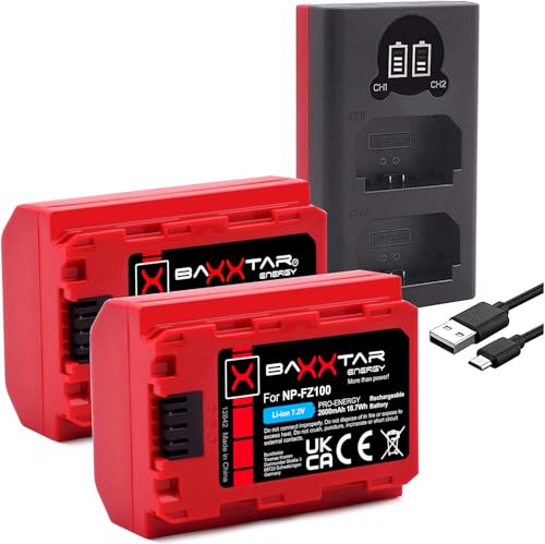 Baxxtar Pro NP-FZ100 Akku - 2X 2600mAh (Generation IV) + LCD Dual Ladegerät – Eingang USB-C, MicroUSB – Ersatz für Alpha 7 III, Alpha 7 IV, Alpha 9, Alpha 7R V, A7C, FX3, ZV-E1 UVM. von Baxxtar