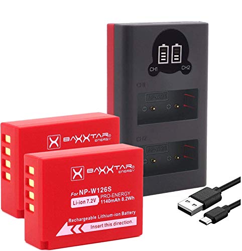 Baxxtar Pro NP-W126s NP-W126 Akku Pack - mit Mini Lader 18612 LCD DUAL (Eingang USB-C und MicroUSB) kompatibel mit Fuji Fujifilm X-M5 X100VI X-S10 X-T20 X-T30 II X-T5 X-T50 usw. von Baxxtar