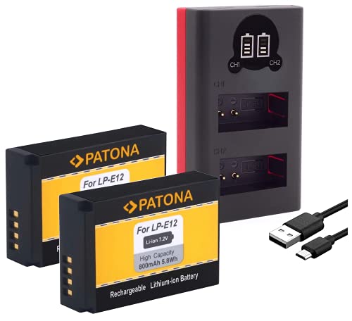 PATONA LP-E12 Akkus 2X 800mAh - mit Ladegerät Baxxtar 18752 (Mini Dual USB) Kompatibel mit Canon EOS 100D EOS M M10 M100 M200 PowerShot SX70 HS von Baxxtar