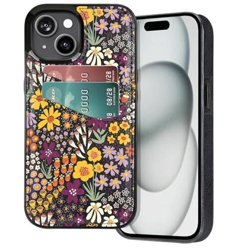 BayPastel X Schutzhülle für iPhone 13 / 14 / 15, Kartenfächer, schlankes Design, weiches Leder, mit 2 Kreditkartenfächern, 15,5 cm (6,1 Zoll), für Damen und Mädchen, Pflaumenmuster von BayPastel X