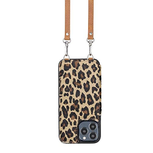 Bayelon Hülle für iPhone 13 Pro Max, Vollnarbenleder Crossbody Handyhülle, Kartenhalter mit Schultergurt (Leopard) von Bayelon
