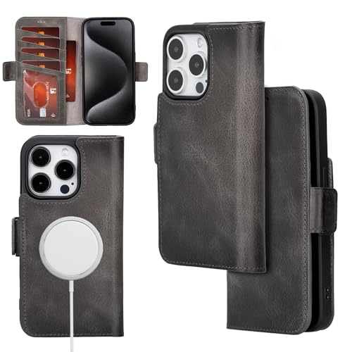 Bayelon Lederhülle für iPhone 15 Pro – Klapphülle mit Kartenhalter, iPhone 15 Pro, Brieftaschen-Hülle, Folio-Hülle, Ständer, MagSafe-kompatible Brieftasche, RFID-Blockierung (Rauchschwarz) von Bayelon