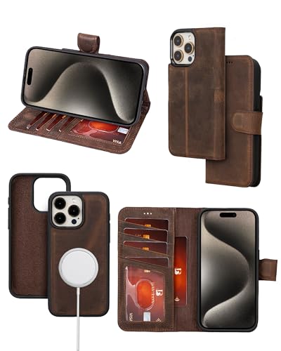 Bayelon Wallet Case for iPhone 15 Pro Max Full Grain Leather Wallet Detachable Magnetic Flip Cover Card Holder iPhone 15 Pro Max Wallet Case, MagSafe Compatible, RFID Blocking (Dark Brown) von Bayelon