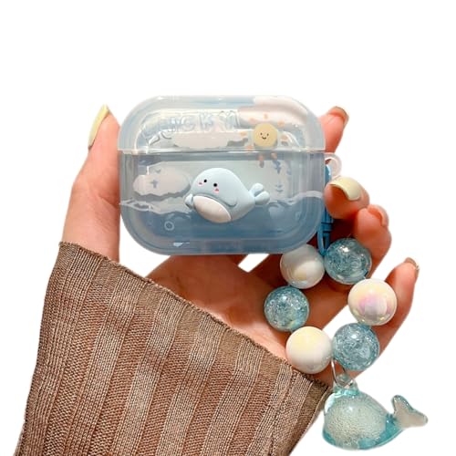 Niedliche Hülle, kompatibel mit Airpods 4, Kawaii-3D-Cartoon-Delfin-Ozean-Muster mit Perlenarmband, Schlüsselanhänger für Damen und Mädchen, Kopfhörerhülle, stoßfeste Schutzhülle für Airpods 4 von BayuCagou