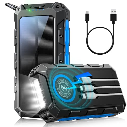 Solar Power Bank 26800mAh, PD 22.5W USB C Powerbank Schnellladen mit Integrierten Kabel, 7 Ausgänge und 2 Eingänge, Wireless Charging, LED Leuchtanzeigen, Taschenlampe, Portable Charger für Smartphone Solar Power Bank 26800mAh, PD 22.5W USB C Powerbank Schnellladen mit Integrierten Kabel, 7 Ausgänge und 2 Eingänge, Wireless Charging, LED Leuchtanzeigen, Taschenlampe, Portable Charger für Smartphone von Bazcuka
