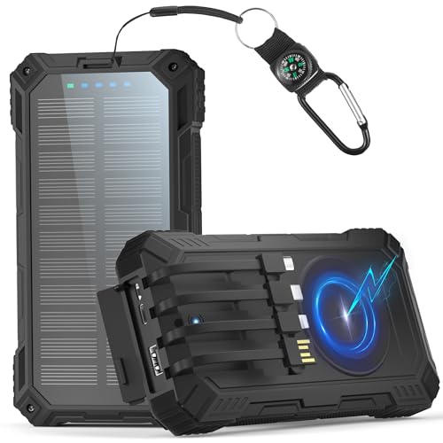 Solar Powerbank 56800mAh, 30W PD 3.0A USB C Power Bank Schnellladen mit 4 Kabeln, 3 Port (2 USB & 1 Type-c), 15W Wireless Charger, LED Leuchtanzeigen, Taschenlampe, Externe Handy-Akkus für Smartphone von Bazcuka