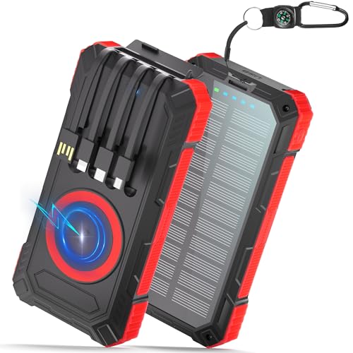 Solar Powerbank 56800mAh, 30W PD 3.0A USB C Power Bank Schnellladen mit 4 Kabeln, 3 Port (2 USB & 1 Type-c), 15W Wireless Charger, LED Leuchtanzeigen, Taschenlampe von Bazcuka